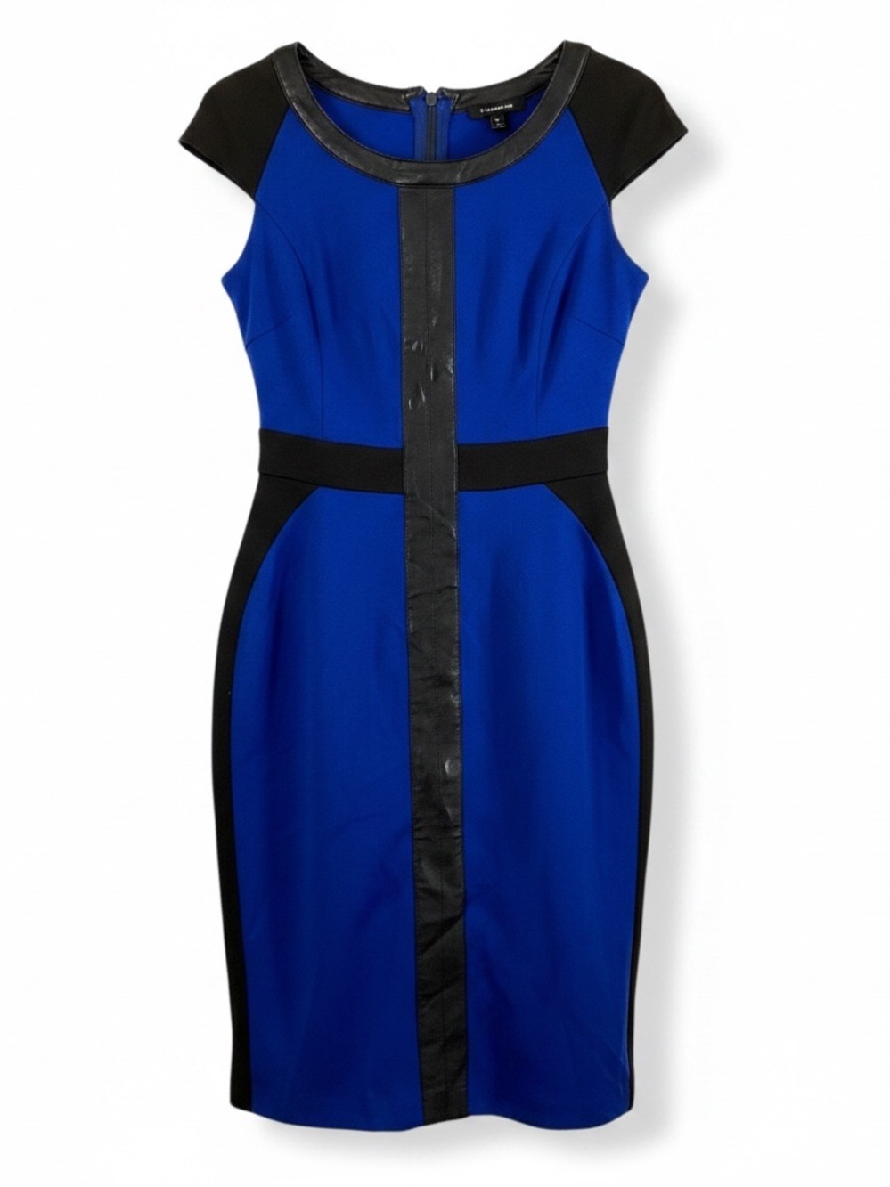 NWT ECI 6 blue & black color block vegan leather trim retro pencil skirt dress